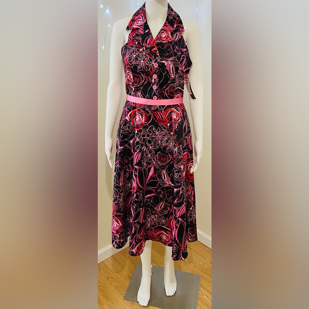 Barbiecore Hot Pink & Red Modern Floral Halter Dress Juniors Women